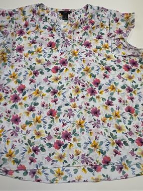 Investments Floral Tee in White with Pink, Yellow & Green Accents